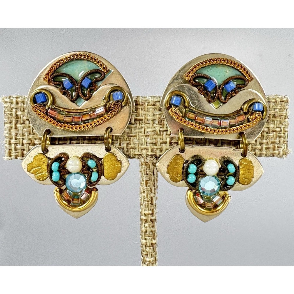 Ayala Bar Signed Dangle Post Earrings Blue Green Gold Tone Beaded Mixed Media